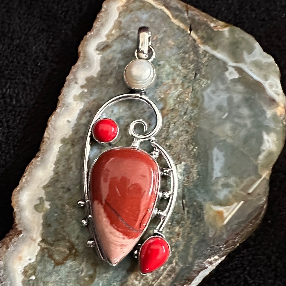 Artisan Silver Pendant with Red Rainbow Jasper Coral & Pearl Accents Handcrafted